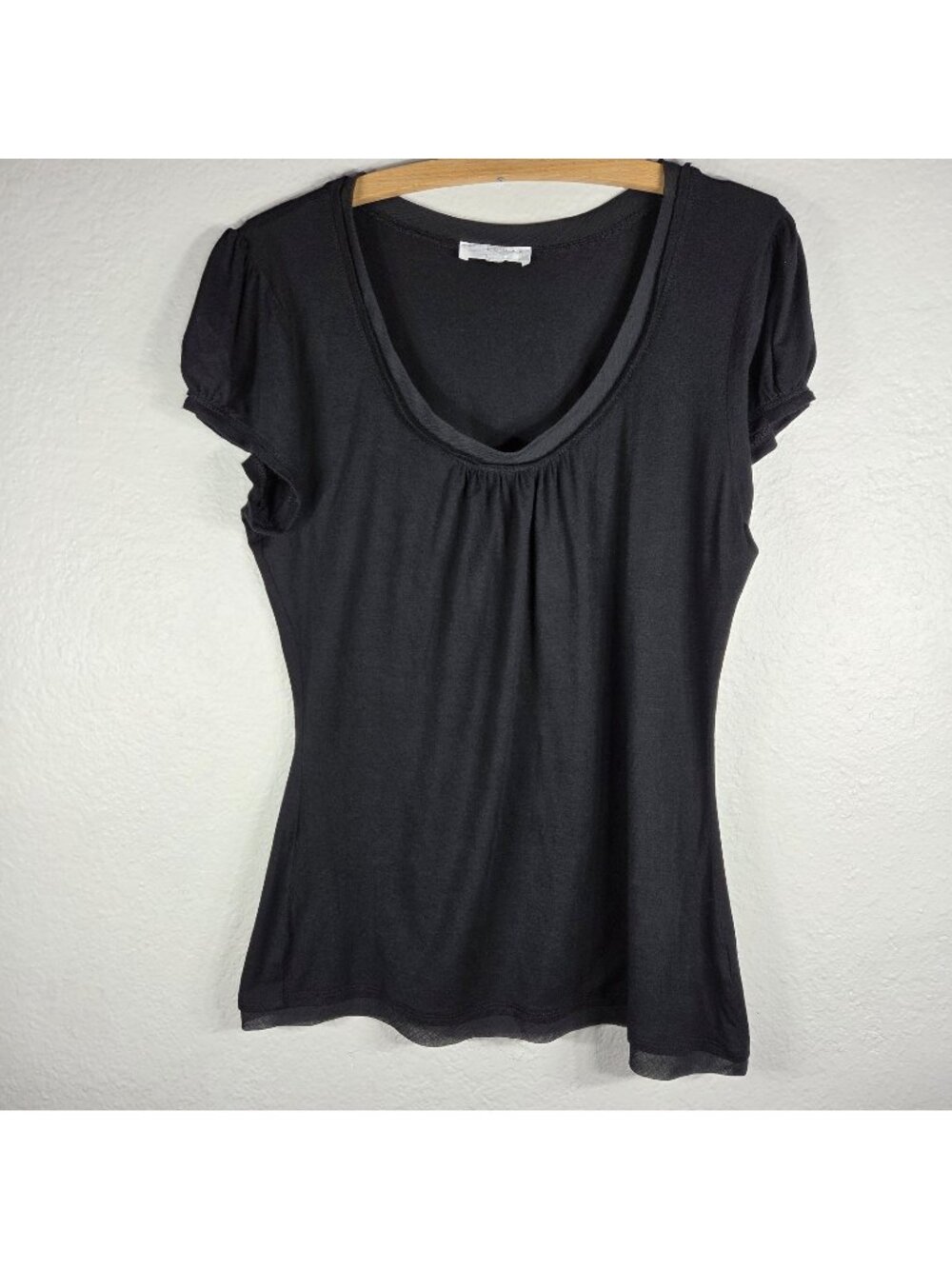 Kenar Black Short Sleeve Top Women’s Size Large L Sheer Trimmed Scoop Neck
